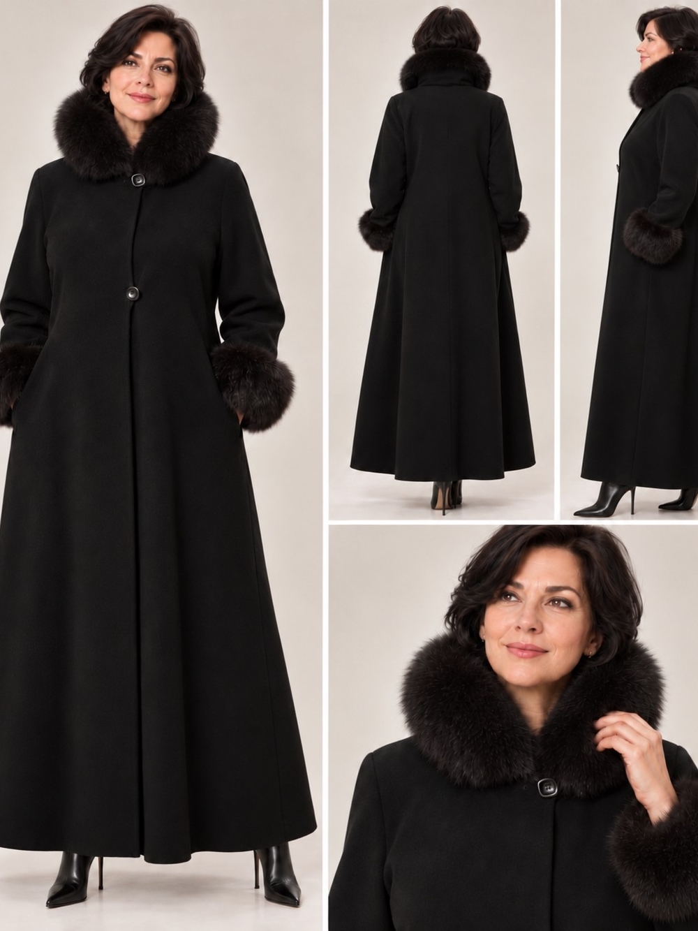 Marvin Richards Black Maxi Wool Trench Coat with Fur Trim